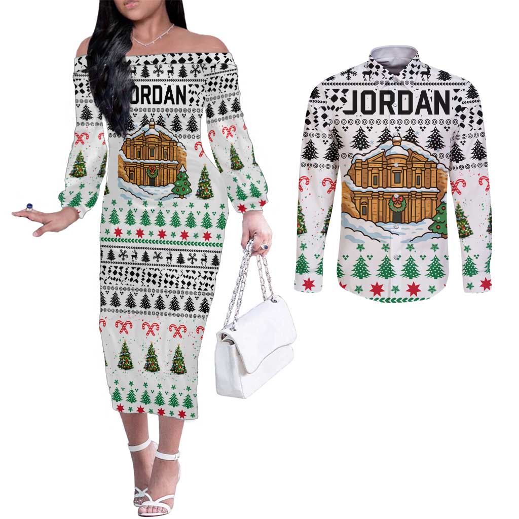 Jordan Christmas Couples Matching Off The Shoulder Long Sleeve Dress and Long Sleeve Button Shirt with Petra Monastery Snow Christmas Trees and Candy Cane Pattern - Wonder Print Shop