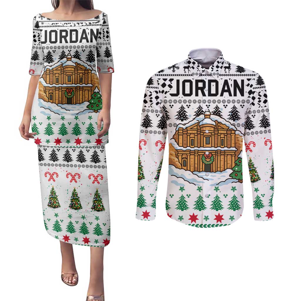Jordan Christmas Couples Matching Puletasi and Long Sleeve Button Shirt with Petra Monastery Snow Christmas Trees and Candy Cane Pattern - Wonder Print Shop