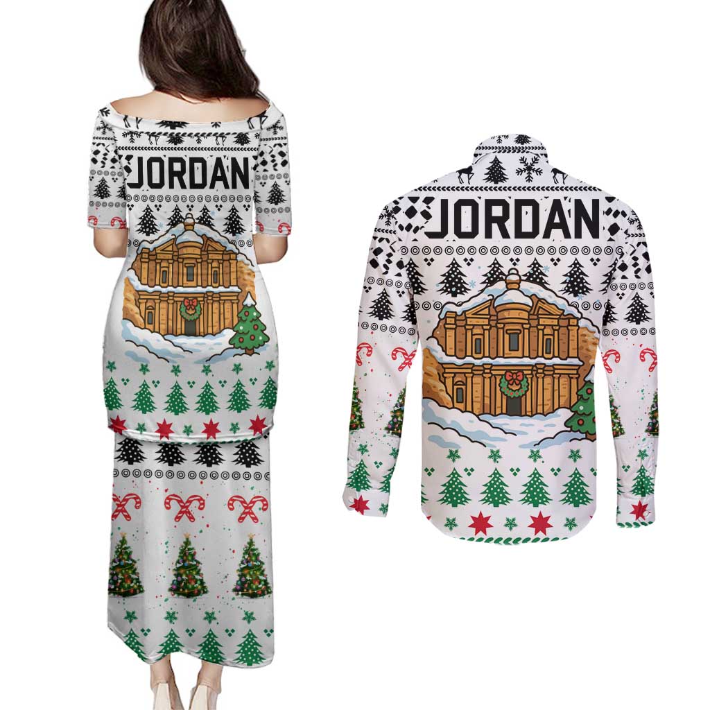 Jordan Christmas Couples Matching Puletasi and Long Sleeve Button Shirt with Petra Monastery Snow Christmas Trees and Candy Cane Pattern - Wonder Print Shop