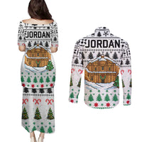 Jordan Christmas Couples Matching Puletasi and Long Sleeve Button Shirt with Petra Monastery Snow Christmas Trees and Candy Cane Pattern - Wonder Print Shop