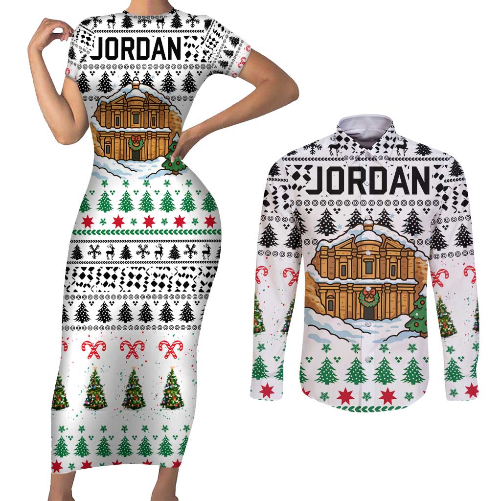 Jordan Christmas Couples Matching Short Sleeve Bodycon Dress and Long Sleeve Button Shirt with Petra Monastery Snow Christmas Trees and Candy Cane Pattern - Wonder Print Shop