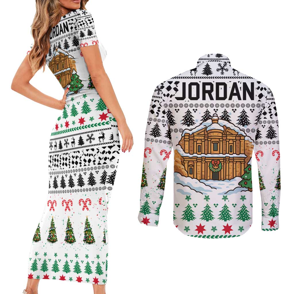 Jordan Christmas Couples Matching Short Sleeve Bodycon Dress and Long Sleeve Button Shirt with Petra Monastery Snow Christmas Trees and Candy Cane Pattern - Wonder Print Shop