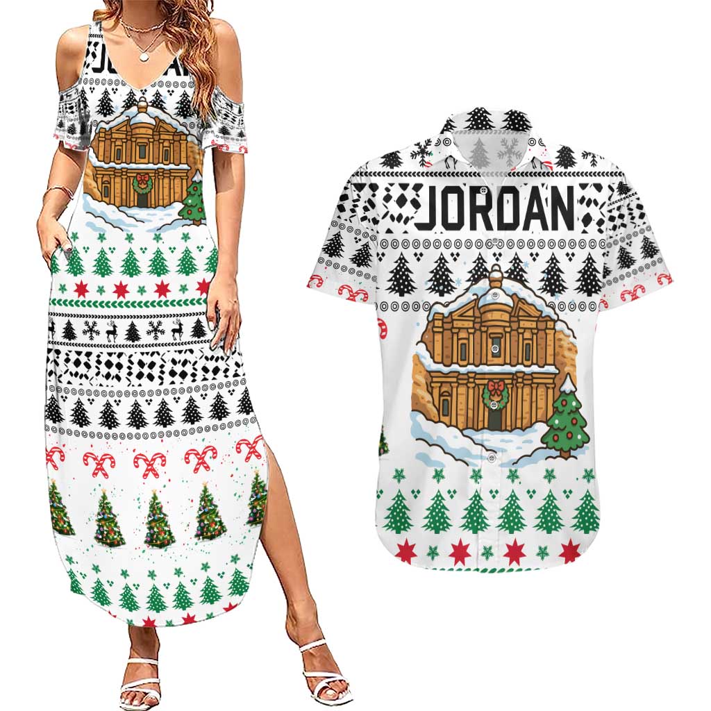 Jordan Christmas Couples Matching Summer Maxi Dress and Hawaiian Shirt with Petra Monastery Snow Christmas Trees and Candy Cane Pattern - Wonder Print Shop