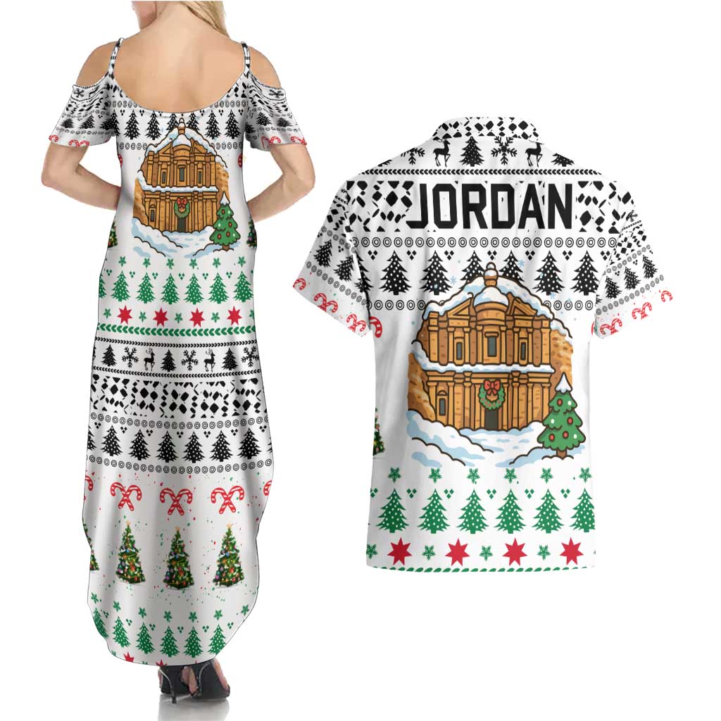 Jordan Christmas Couples Matching Summer Maxi Dress and Hawaiian Shirt with Petra Monastery Snow Christmas Trees and Candy Cane Pattern - Wonder Print Shop