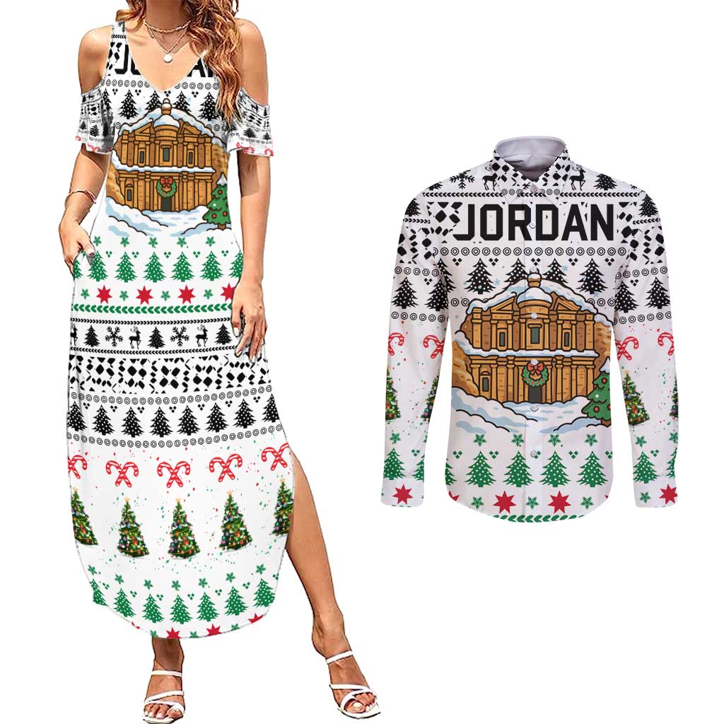 Jordan Christmas Couples Matching Summer Maxi Dress and Long Sleeve Button Shirt with Petra Monastery Snow Christmas Trees and Candy Cane Pattern - Wonder Print Shop