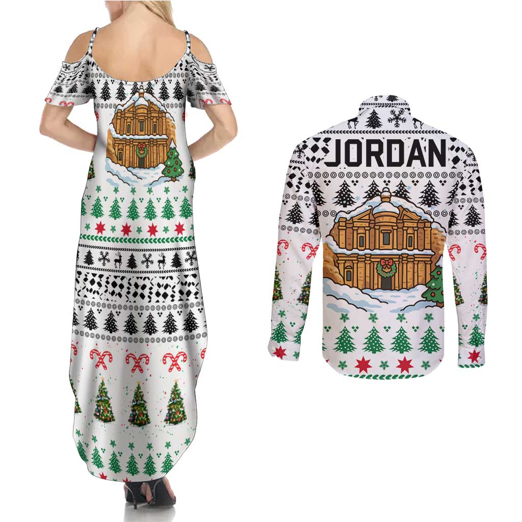 Jordan Christmas Couples Matching Summer Maxi Dress and Long Sleeve Button Shirt with Petra Monastery Snow Christmas Trees and Candy Cane Pattern - Wonder Print Shop