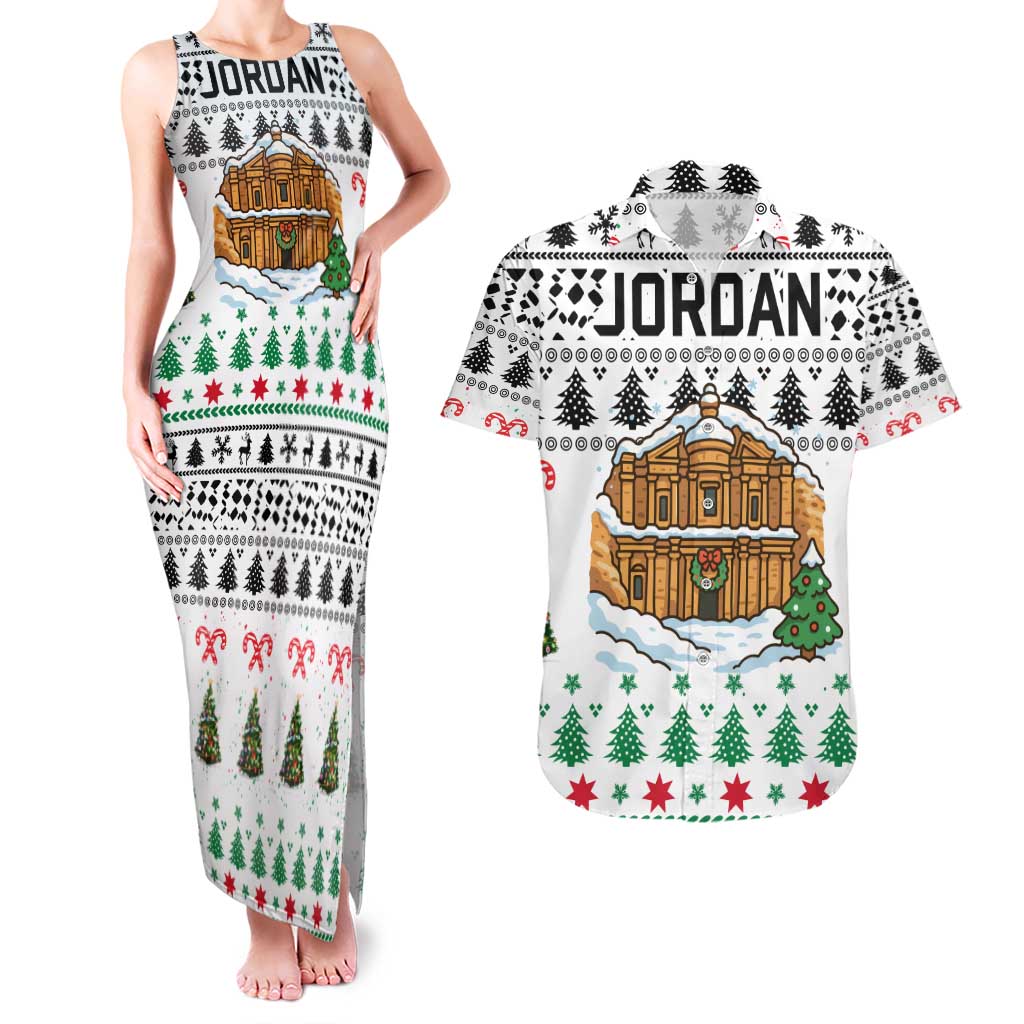 Jordan Christmas Couples Matching Tank Maxi Dress and Hawaiian Shirt with Petra Monastery Snow Christmas Trees and Candy Cane Pattern - Wonder Print Shop