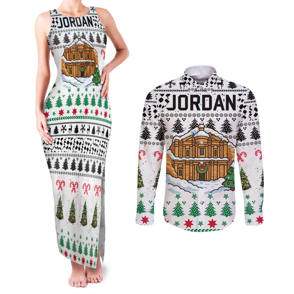 Jordan Christmas Couples Matching Tank Maxi Dress and Long Sleeve Button Shirt with Petra Monastery Snow Christmas Trees and Candy Cane Pattern - Wonder Print Shop
