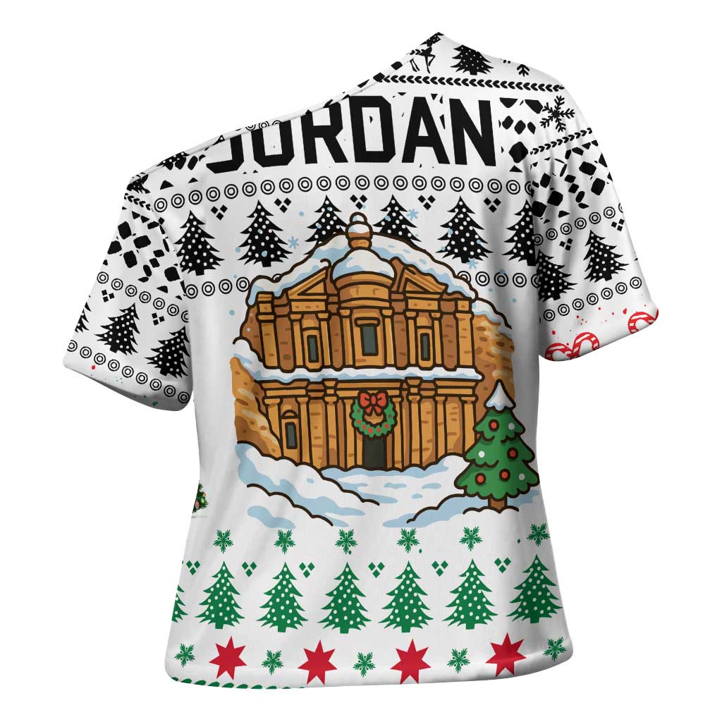 Jordan Christmas Cross Shoulder Shirt with Petra Monastery Snow Christmas Trees and Candy Cane Pattern - Wonder Print Shop