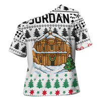 Jordan Christmas Cross Shoulder Shirt with Petra Monastery Snow Christmas Trees and Candy Cane Pattern - Wonder Print Shop
