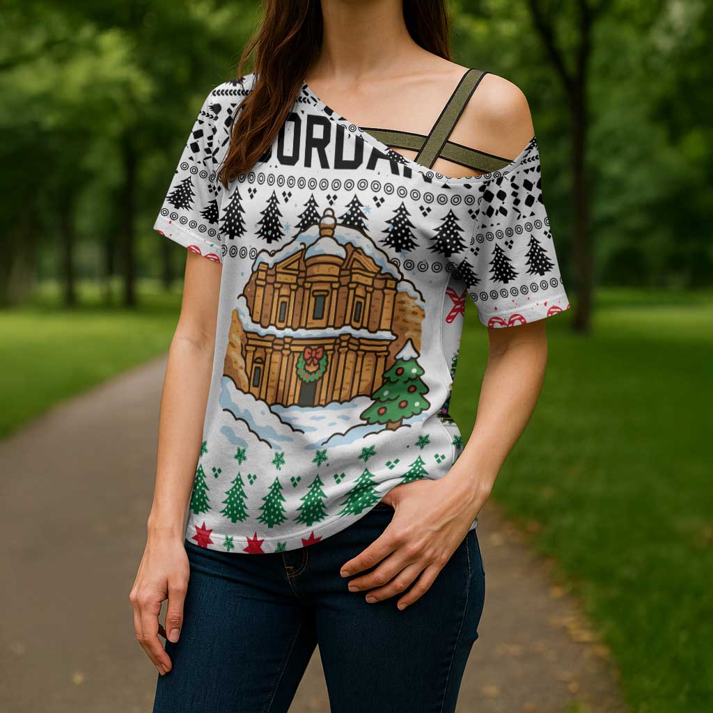 Jordan Christmas Cross Shoulder Shirt with Petra Monastery Snow Christmas Trees and Candy Cane Pattern - Wonder Print Shop