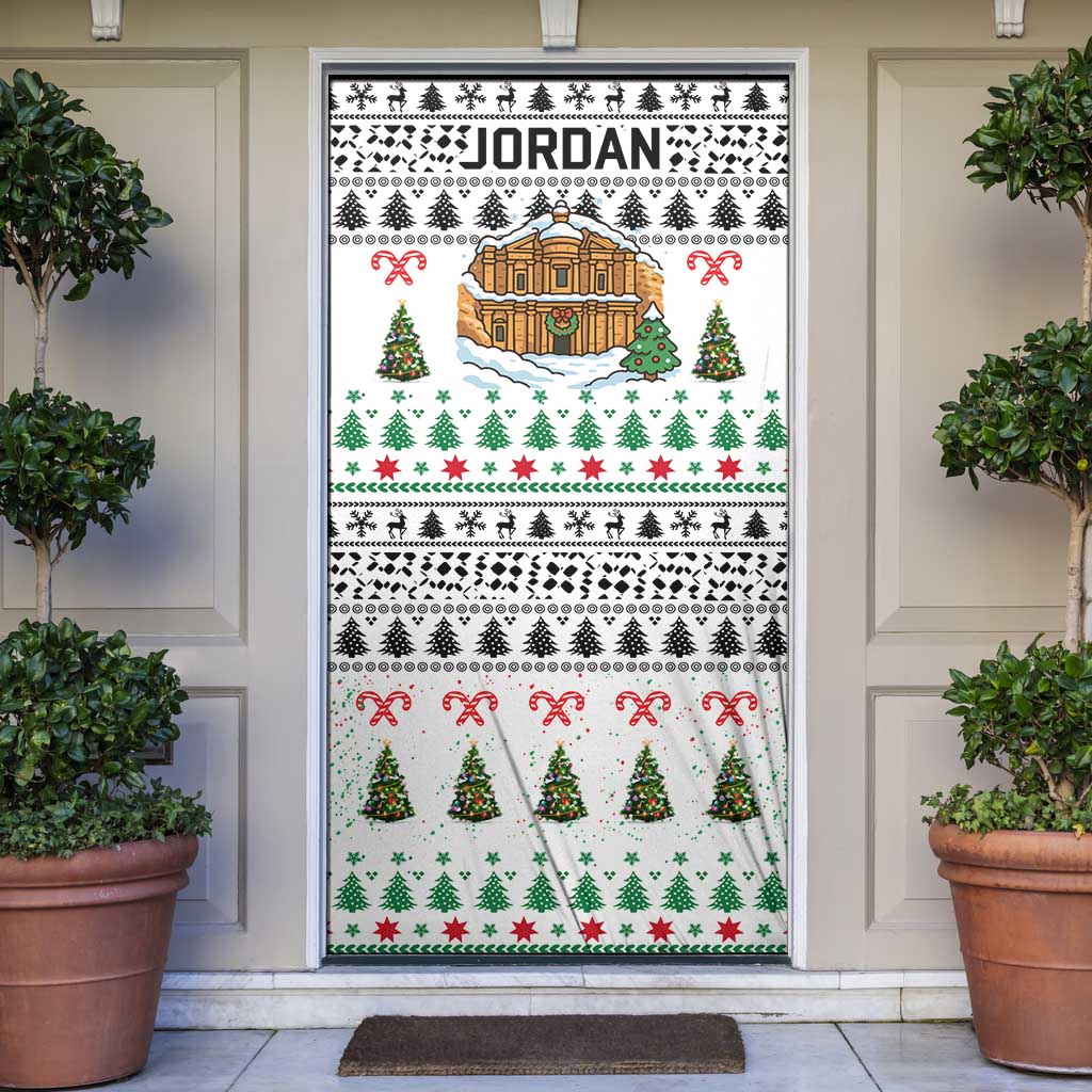 Jordan Christmas Door Cover with Petra Monastery Snow Christmas Trees and Candy Cane Pattern - Wonder Print Shop