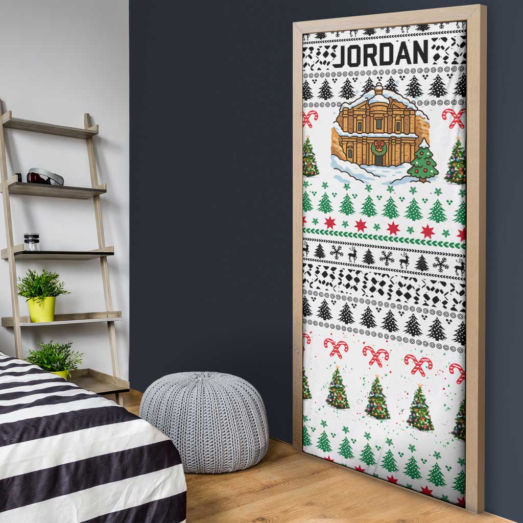 Jordan Christmas Door Cover with Petra Monastery Snow Christmas Trees and Candy Cane Pattern - Wonder Print Shop