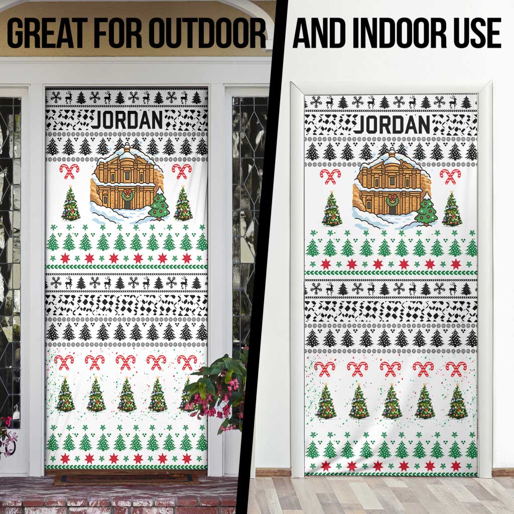 Jordan Christmas Door Cover with Petra Monastery Snow Christmas Trees and Candy Cane Pattern - Wonder Print Shop