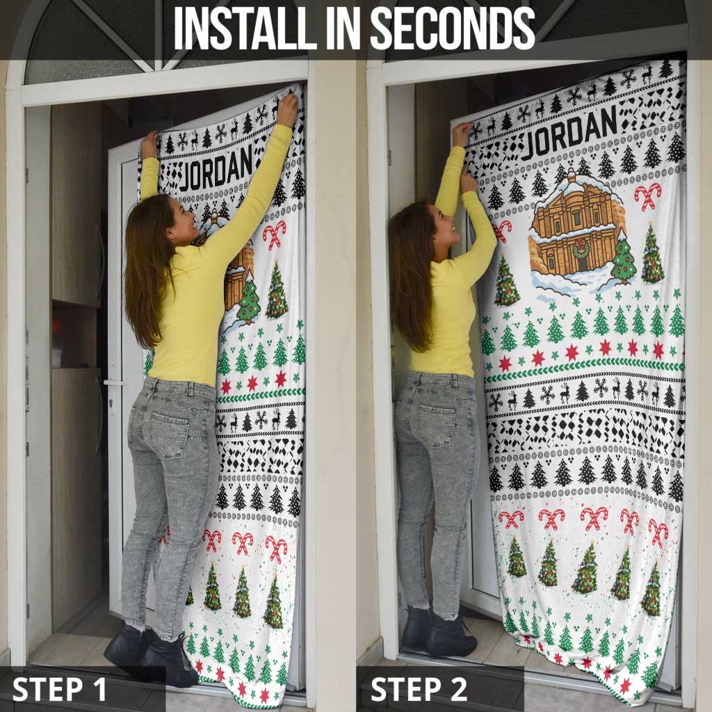 Jordan Christmas Door Cover with Petra Monastery Snow Christmas Trees and Candy Cane Pattern - Wonder Print Shop