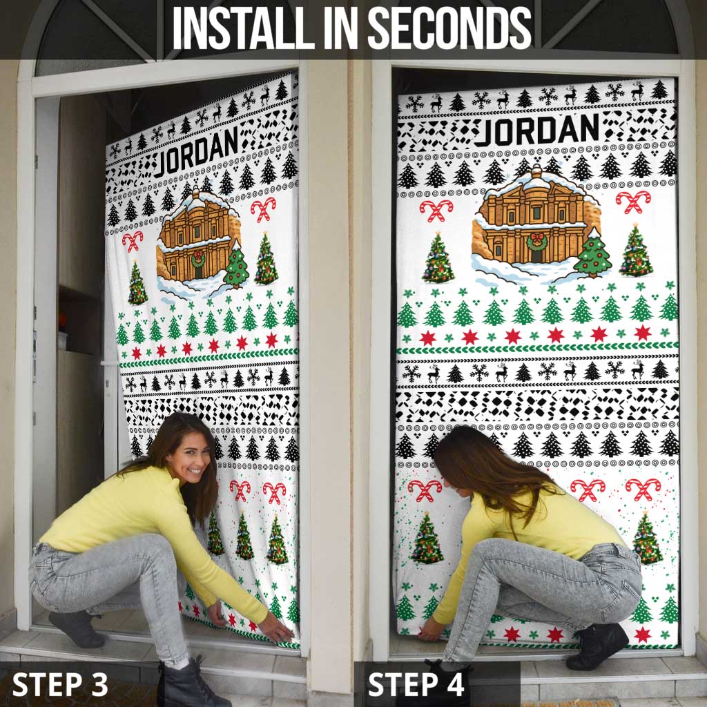 Jordan Christmas Door Cover with Petra Monastery Snow Christmas Trees and Candy Cane Pattern - Wonder Print Shop