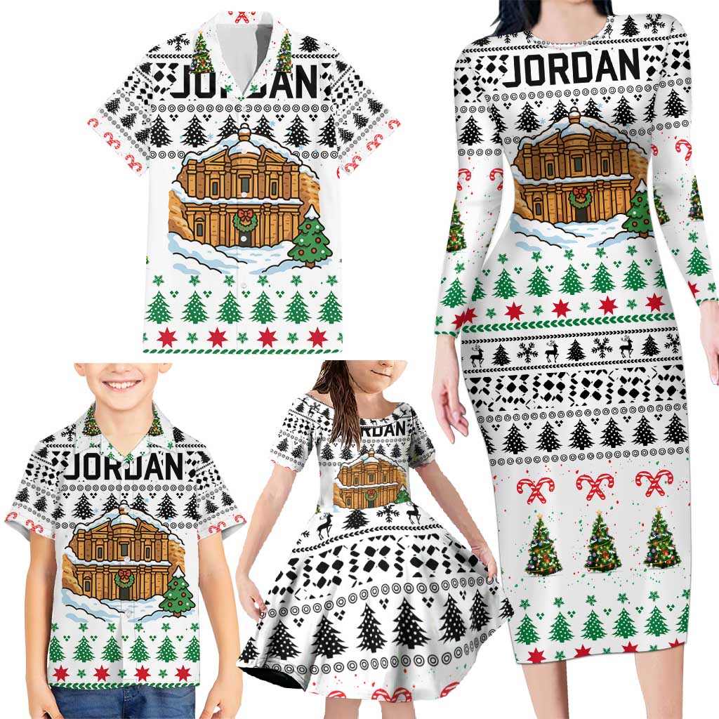 Jordan Christmas Family Matching Long Sleeve Bodycon Dress and Hawaiian Shirt with Petra Monastery Snow Christmas Trees and Candy Cane Pattern - Wonder Print Shop