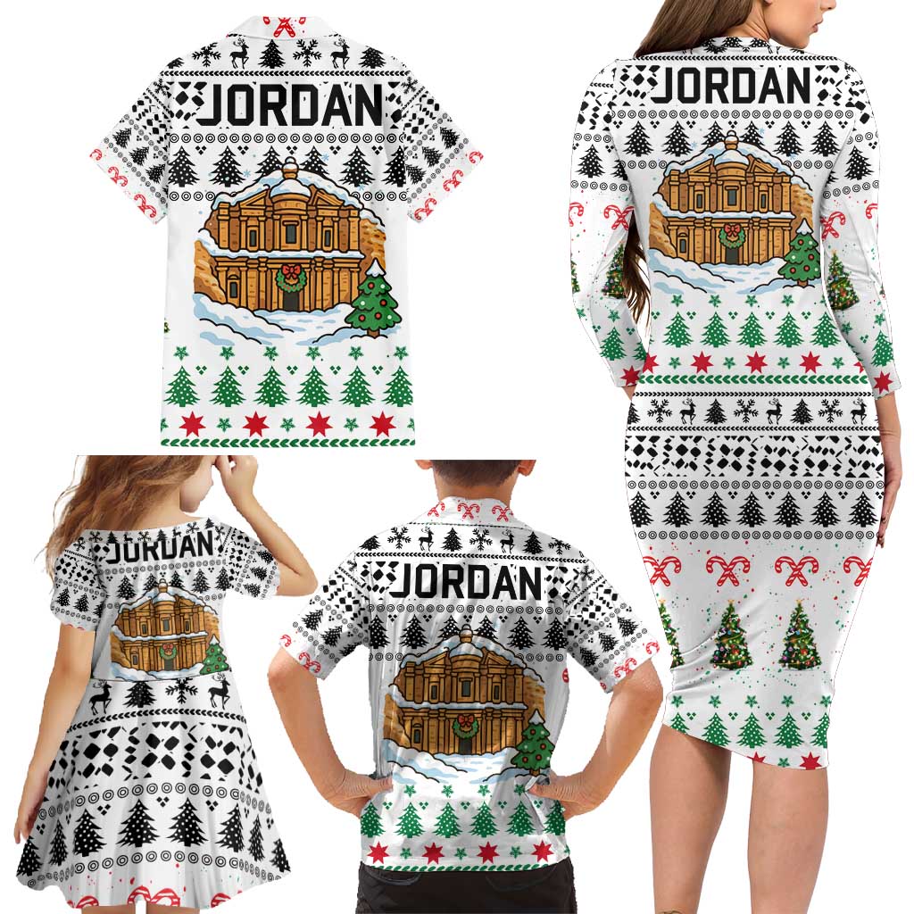 Jordan Christmas Family Matching Long Sleeve Bodycon Dress and Hawaiian Shirt with Petra Monastery Snow Christmas Trees and Candy Cane Pattern - Wonder Print Shop
