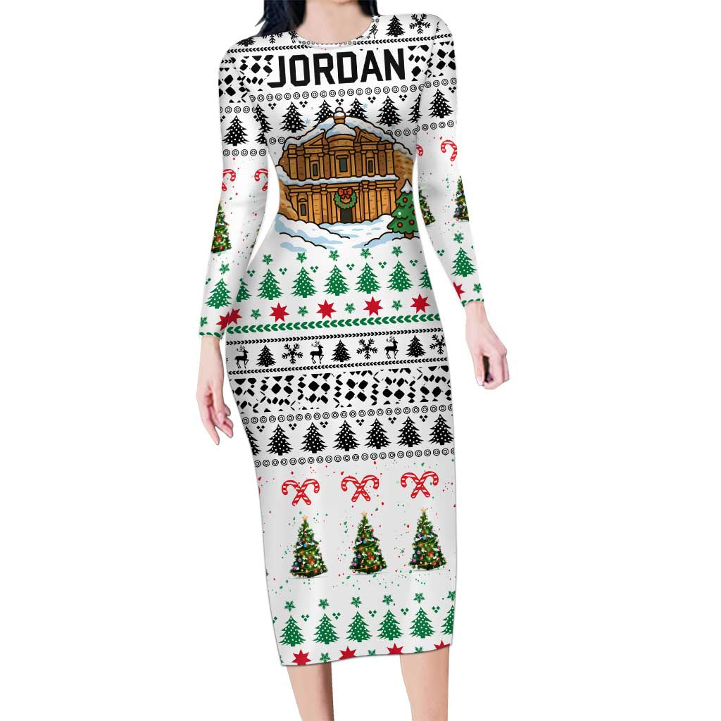 Jordan Christmas Family Matching Long Sleeve Bodycon Dress and Hawaiian Shirt with Petra Monastery Snow Christmas Trees and Candy Cane Pattern - Wonder Print Shop