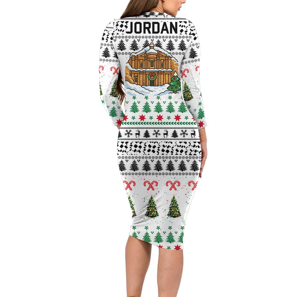 Jordan Christmas Family Matching Long Sleeve Bodycon Dress and Hawaiian Shirt with Petra Monastery Snow Christmas Trees and Candy Cane Pattern - Wonder Print Shop