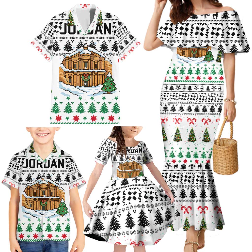Jordan Christmas Family Matching Mermaid Dress and Hawaiian Shirt with Petra Monastery Snow Christmas Trees and Candy Cane Pattern - Wonder Print Shop