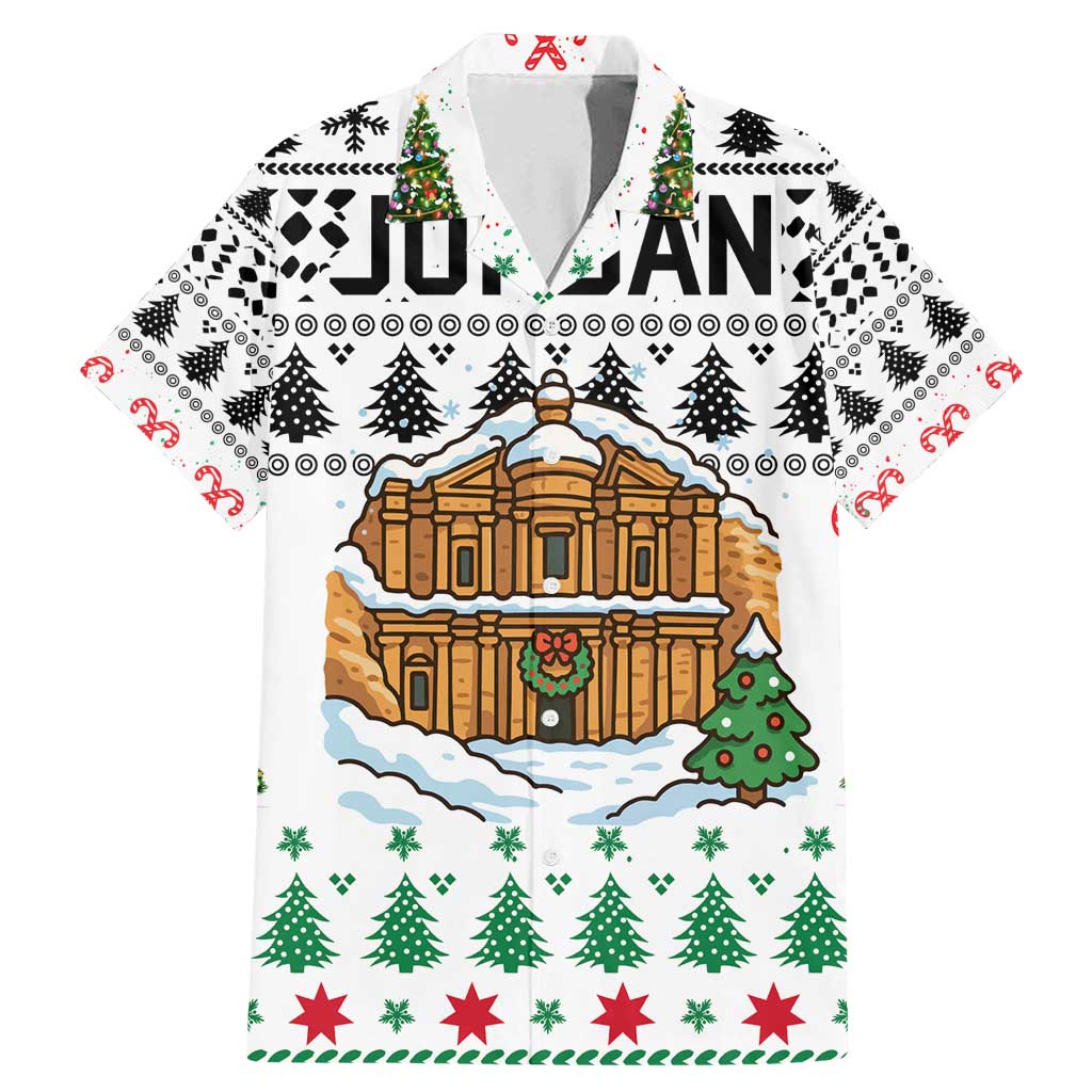 Jordan Christmas Family Matching Mermaid Dress and Hawaiian Shirt with Petra Monastery Snow Christmas Trees and Candy Cane Pattern - Wonder Print Shop