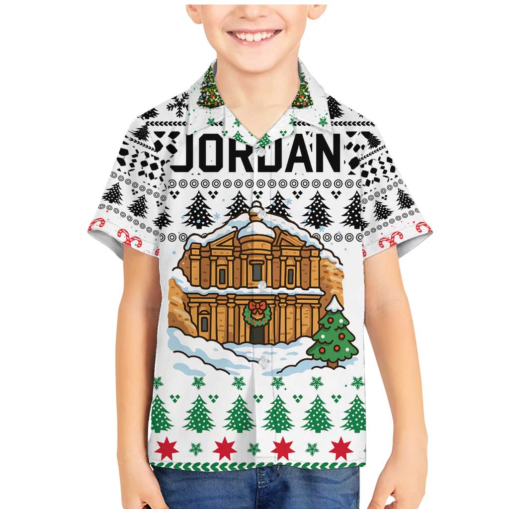 Jordan Christmas Family Matching Mermaid Dress and Hawaiian Shirt with Petra Monastery Snow Christmas Trees and Candy Cane Pattern - Wonder Print Shop