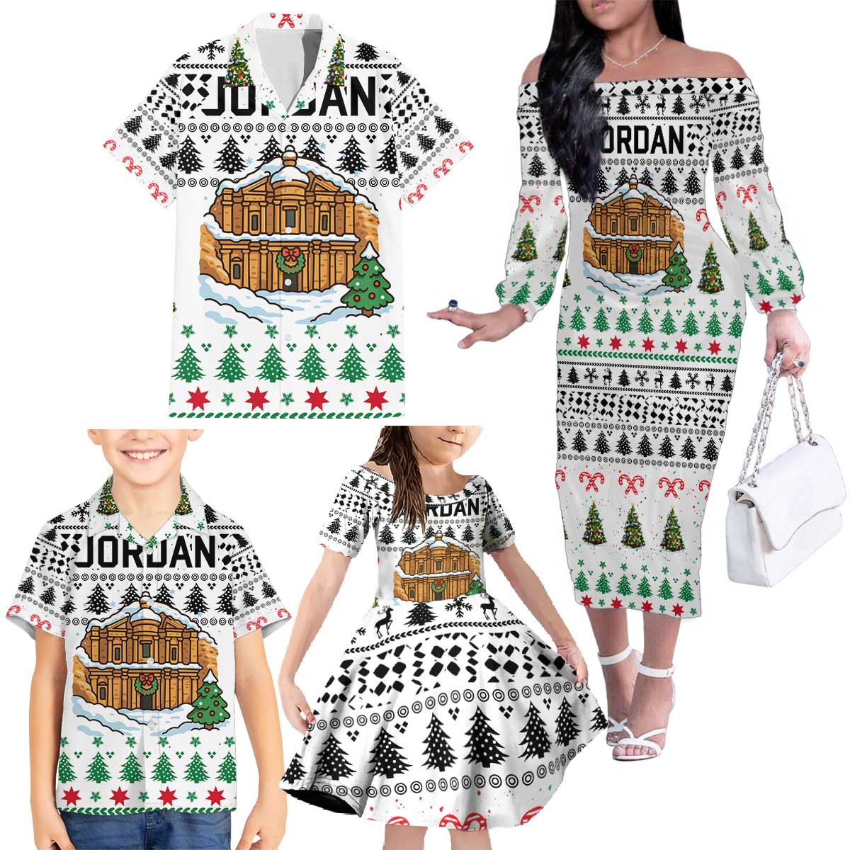 Jordan Christmas Family Matching Off The Shoulder Long Sleeve Dress and Hawaiian Shirt with Petra Monastery Snow Christmas Trees and Candy Cane Pattern - Wonder Print Shop