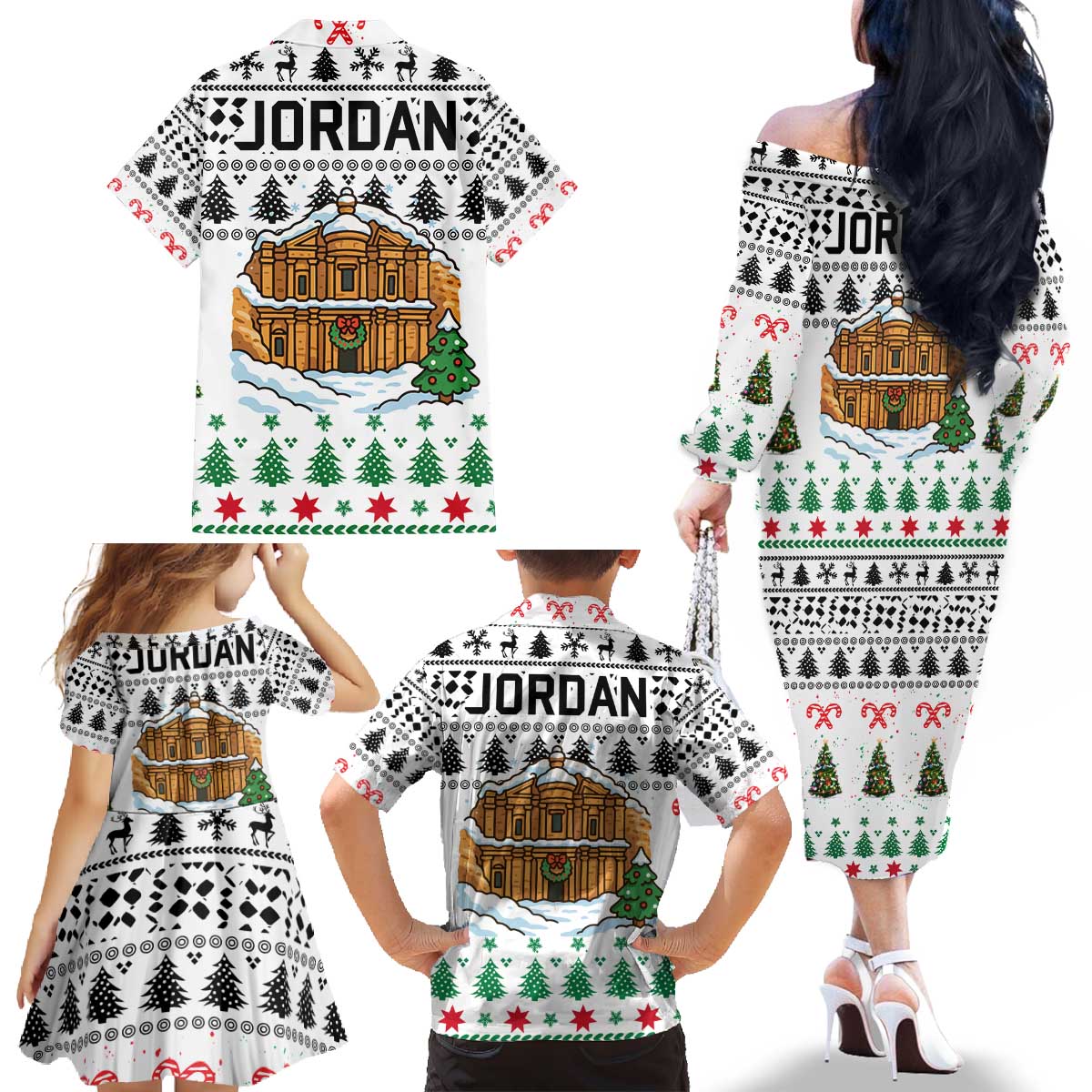 Jordan Christmas Family Matching Off The Shoulder Long Sleeve Dress and Hawaiian Shirt with Petra Monastery Snow Christmas Trees and Candy Cane Pattern - Wonder Print Shop