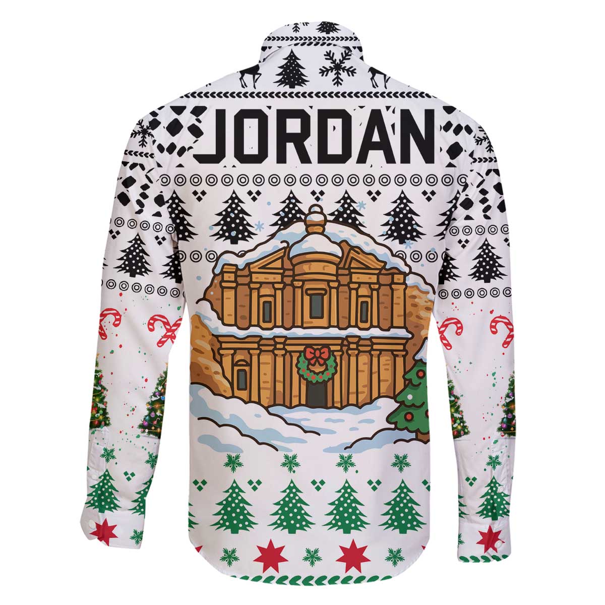Jordan Christmas Family Matching Off The Shoulder Long Sleeve Dress and Hawaiian Shirt with Petra Monastery Snow Christmas Trees and Candy Cane Pattern - Wonder Print Shop