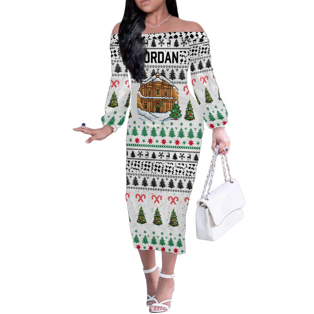 Jordan Christmas Family Matching Off The Shoulder Long Sleeve Dress and Hawaiian Shirt with Petra Monastery Snow Christmas Trees and Candy Cane Pattern - Wonder Print Shop