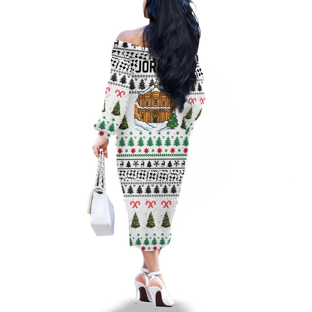 Jordan Christmas Family Matching Off The Shoulder Long Sleeve Dress and Hawaiian Shirt with Petra Monastery Snow Christmas Trees and Candy Cane Pattern - Wonder Print Shop