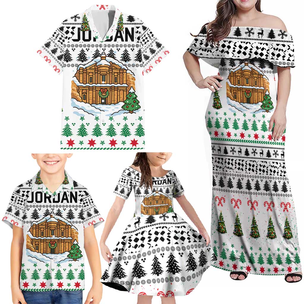 Jordan Christmas Family Matching Off Shoulder Maxi Dress and Hawaiian Shirt with Petra Monastery Snow Christmas Trees and Candy Cane Pattern - Wonder Print Shop