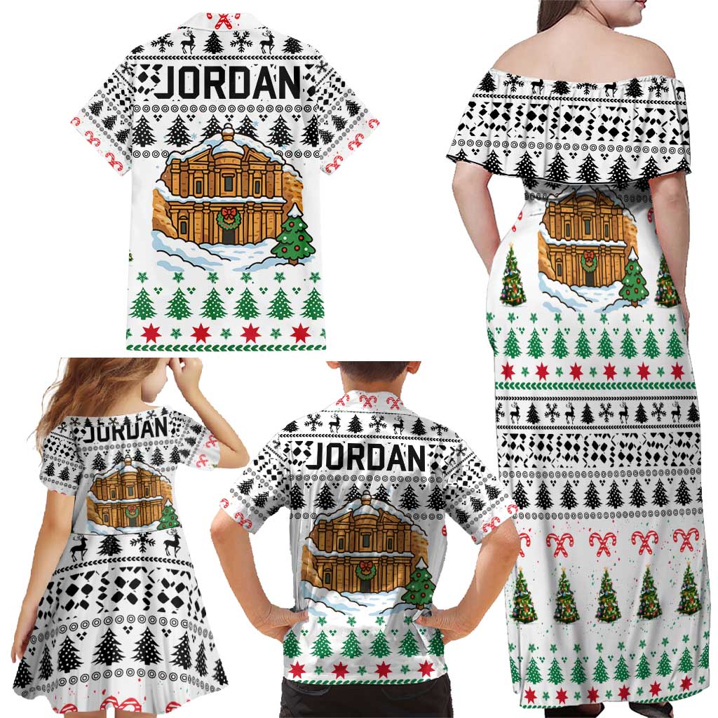 Jordan Christmas Family Matching Off Shoulder Maxi Dress and Hawaiian Shirt with Petra Monastery Snow Christmas Trees and Candy Cane Pattern - Wonder Print Shop
