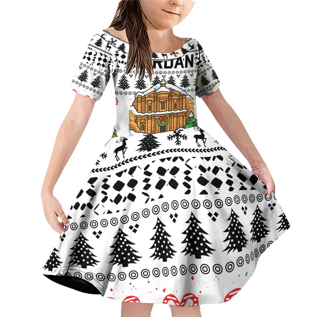 Jordan Christmas Family Matching Off Shoulder Short Dress and Hawaiian Shirt with Petra Monastery Snow Christmas Trees and Candy Cane Pattern - Wonder Print Shop
