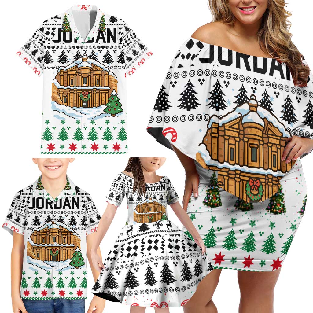 Jordan Christmas Family Matching Off Shoulder Short Dress and Hawaiian Shirt with Petra Monastery Snow Christmas Trees and Candy Cane Pattern - Wonder Print Shop