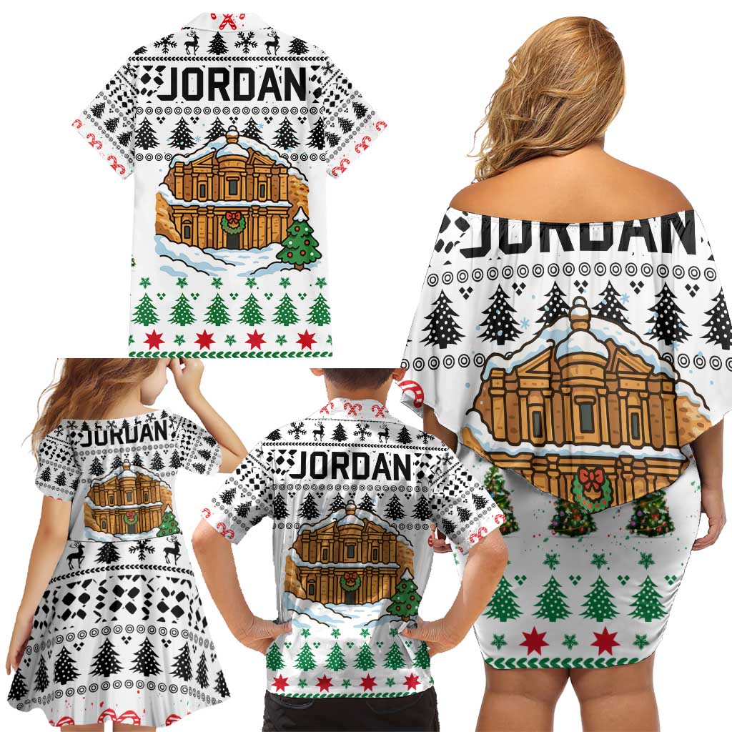 Jordan Christmas Family Matching Off Shoulder Short Dress and Hawaiian Shirt with Petra Monastery Snow Christmas Trees and Candy Cane Pattern - Wonder Print Shop