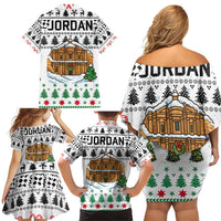 Jordan Christmas Family Matching Off Shoulder Short Dress and Hawaiian Shirt with Petra Monastery Snow Christmas Trees and Candy Cane Pattern - Wonder Print Shop
