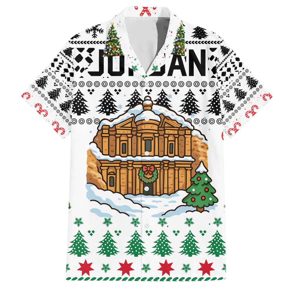 Jordan Christmas Family Matching Off Shoulder Short Dress and Hawaiian Shirt with Petra Monastery Snow Christmas Trees and Candy Cane Pattern - Wonder Print Shop