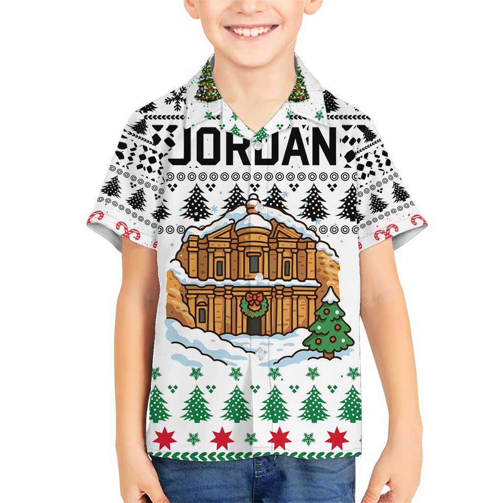 Jordan Christmas Family Matching Off Shoulder Short Dress and Hawaiian Shirt with Petra Monastery Snow Christmas Trees and Candy Cane Pattern - Wonder Print Shop