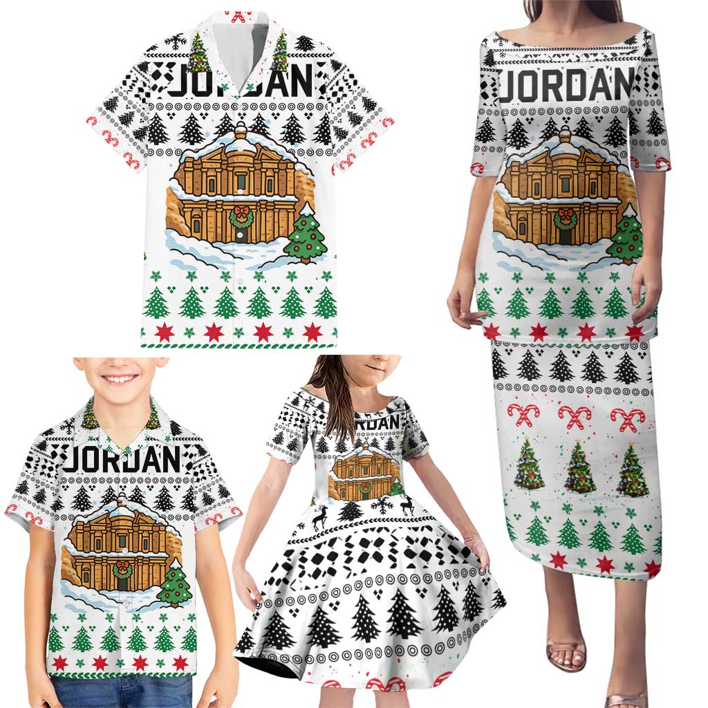 Jordan Christmas Family Matching Puletasi and Hawaiian Shirt with Petra Monastery Snow Christmas Trees and Candy Cane Pattern - Wonder Print Shop