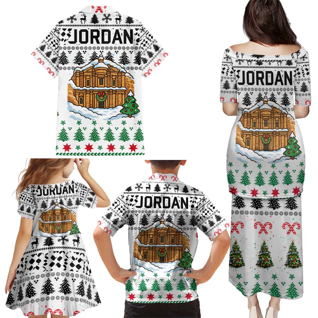 Jordan Christmas Family Matching Puletasi and Hawaiian Shirt with Petra Monastery Snow Christmas Trees and Candy Cane Pattern - Wonder Print Shop