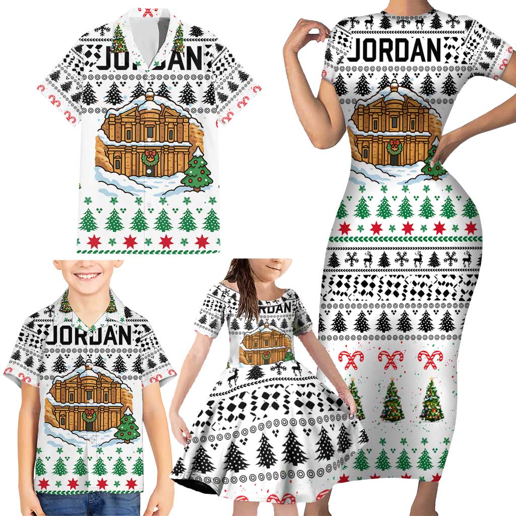 Jordan Christmas Family Matching Short Sleeve Bodycon Dress and Hawaiian Shirt with Petra Monastery Snow Christmas Trees and Candy Cane Pattern - Wonder Print Shop