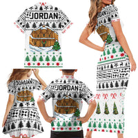 Jordan Christmas Family Matching Short Sleeve Bodycon Dress and Hawaiian Shirt with Petra Monastery Snow Christmas Trees and Candy Cane Pattern - Wonder Print Shop
