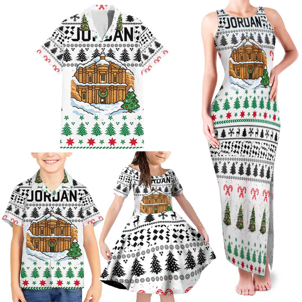 Jordan Christmas Family Matching Tank Maxi Dress and Hawaiian Shirt with Petra Monastery Snow Christmas Trees and Candy Cane Pattern - Wonder Print Shop