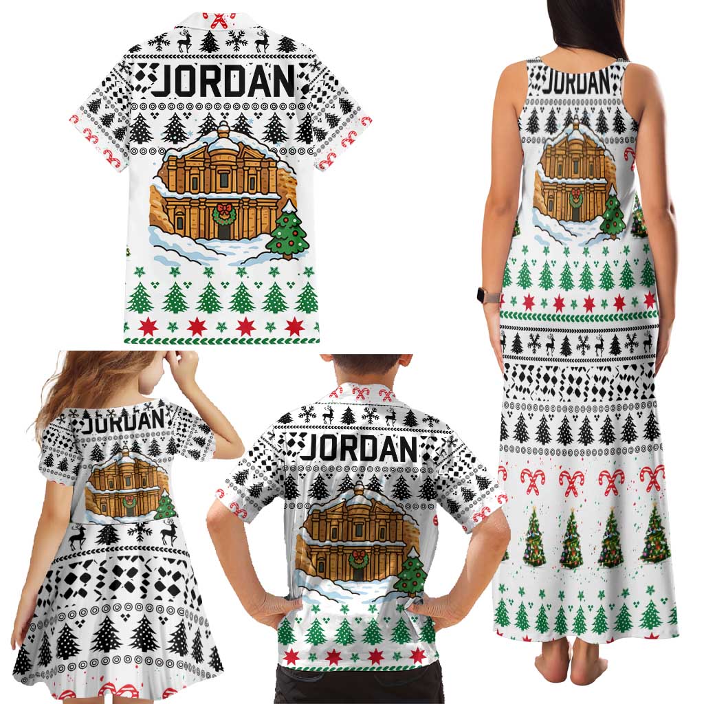 Jordan Christmas Family Matching Tank Maxi Dress and Hawaiian Shirt with Petra Monastery Snow Christmas Trees and Candy Cane Pattern - Wonder Print Shop