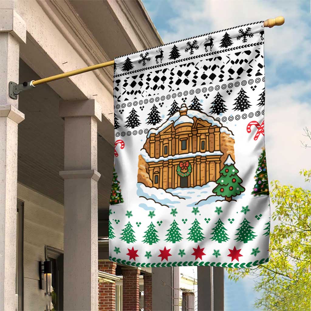 Jordan Christmas Garden Flag with Petra Monastery Snow Christmas Trees and Candy Cane Pattern - Wonder Print Shop
