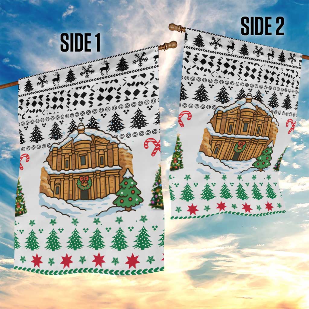 Jordan Christmas Garden Flag with Petra Monastery Snow Christmas Trees and Candy Cane Pattern - Wonder Print Shop