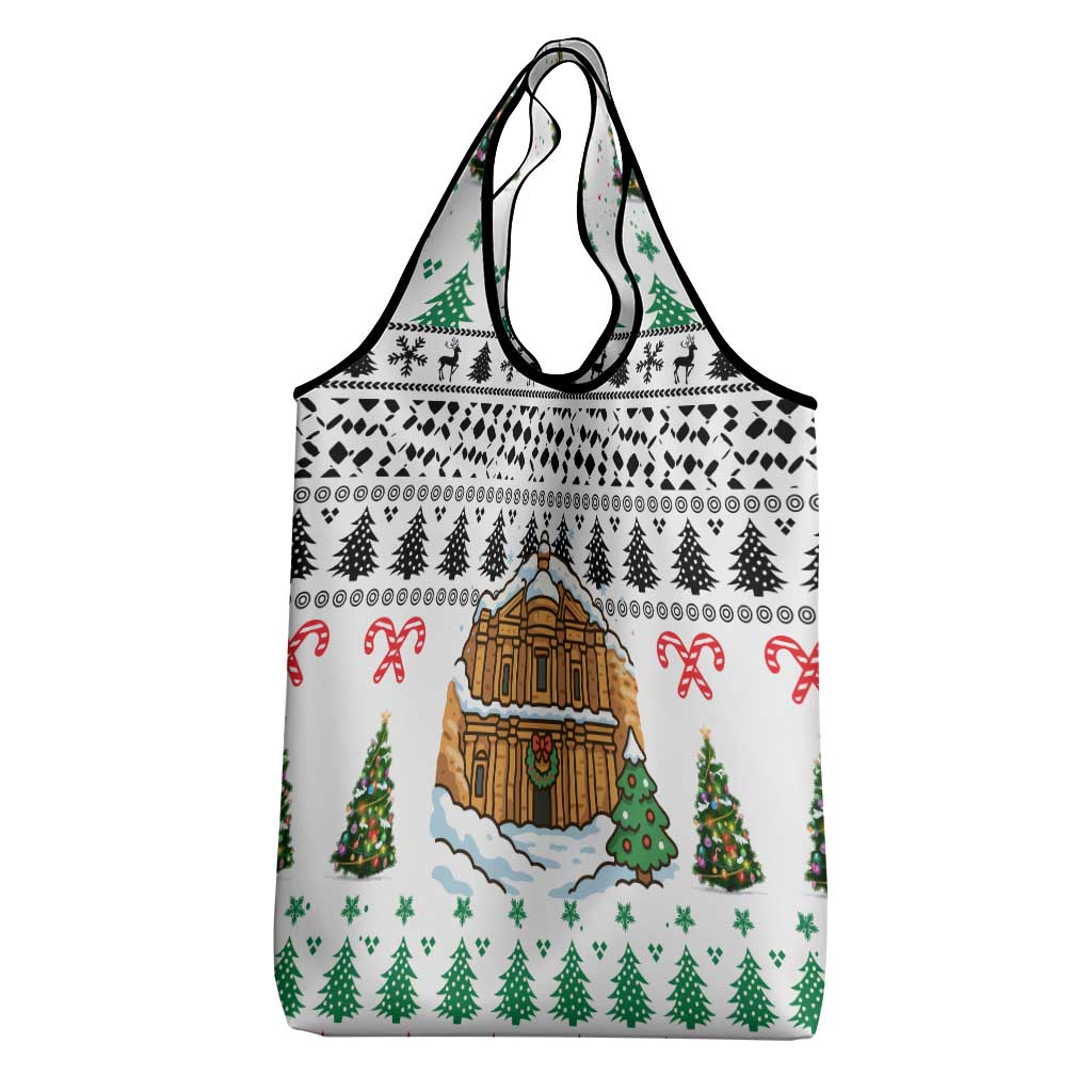 Jordan Christmas Grocery Bag with Petra Monastery Snow Christmas Trees and Candy Cane Pattern - Wonder Print Shop