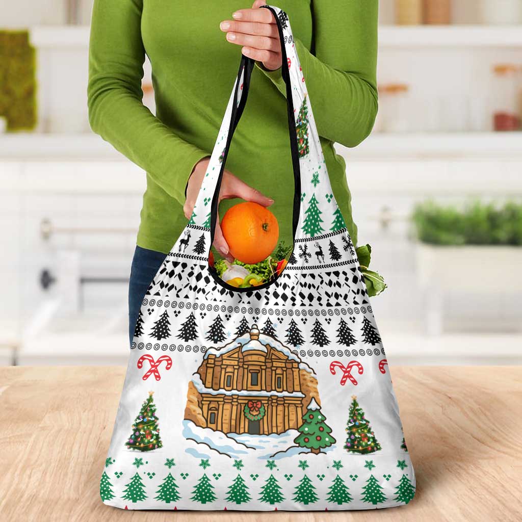 Jordan Christmas Grocery Bag with Petra Monastery Snow Christmas Trees and Candy Cane Pattern - Wonder Print Shop
